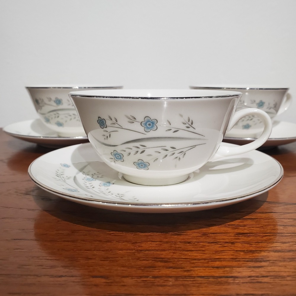 MCM Kenmark China KEM2‎ Tea Cup & Saucer Sets (3) - Blue Floral, Silver Trim